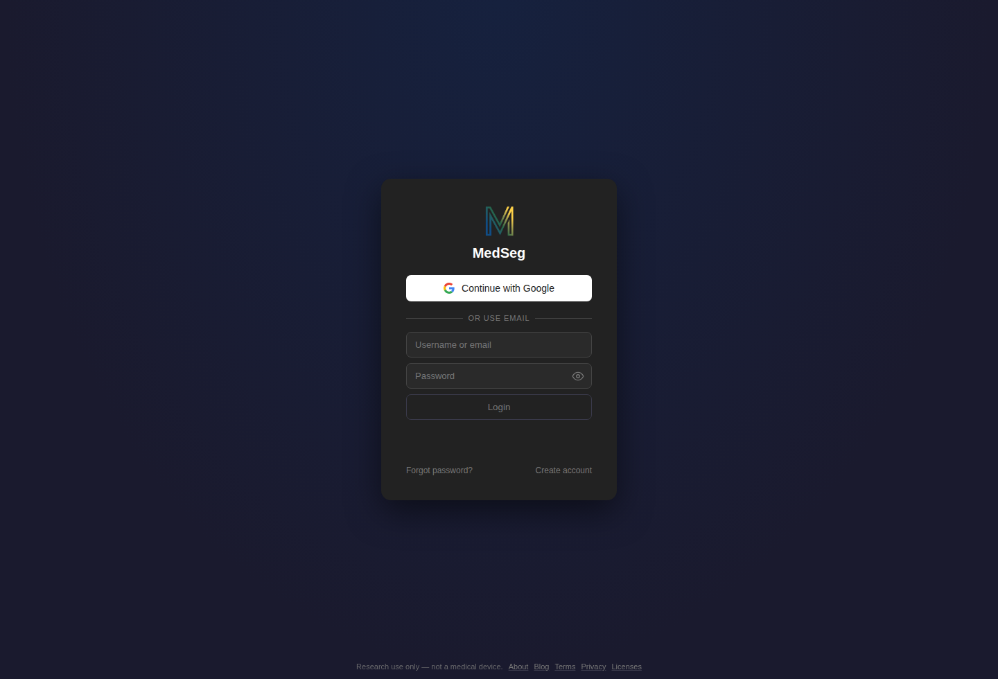 MedSeg login screen with Continue with Google and email login options.