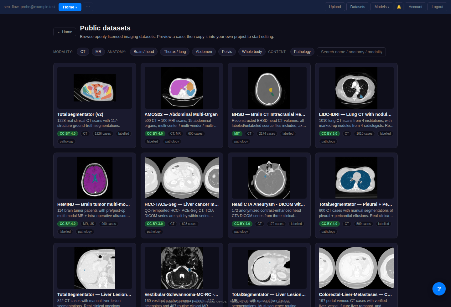 MedSeg public dataset catalog with the HCC-TACE-Seg dataset visible.